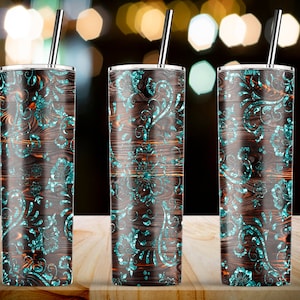 Wooden Turquoise Peekaboo Tumbler, 20oz Skinny Tumbler Sublimation Wrap Designs Template PNG Tumblers - Instant Download
