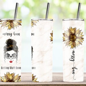 Funny Messy Bun Leopard Sunflower 20oz Skinny Tumbler Subliamtion Wrap Marble Design - Instant Download
