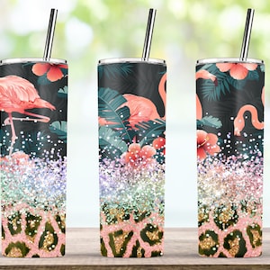 Rosa Flamingo Leopard Glitter Tumbler Designs für 20oz dünne Tumbler Sublimation PNG Wrap Tumbler - Instant Download