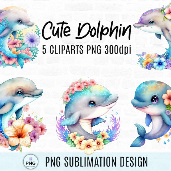 5 Cute Baby Dolphin Big Eye Floral Flowers, Dolphin Clipart, Dolphin PNG, Dolphin wall art, Watercolor Dolphin, Sublimation, Genertive AI