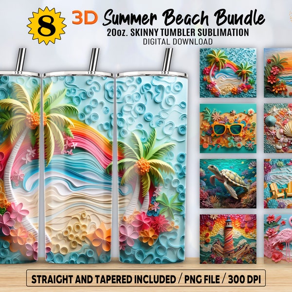 3D Summer Tumbler Wrap Bundle, Flower Tropical Beach Life, Sunrise Beach Landscape, 20oz Skinny Sublimation Designs PNG Digital Download