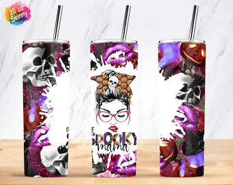 One Spooky Mama Halloween Tumbler, 20oz Skinny Tumbler Sublimation Wrap Designs Template PNG Digital Download