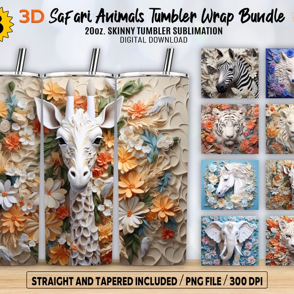 3D Safari Animals Tumbler Wrap Bundle, Rhinestone Elephant, Bird, Flamingo, Giraffe, 20oz Skinny Sublimation Designs PNG Digital Download