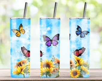 20 oz Skinny Tumbler, Butterflies Sunflowers, Blue Sky, Floral Spring, Sublimation PNG Template Straigt/Taper Designs - Digital Download