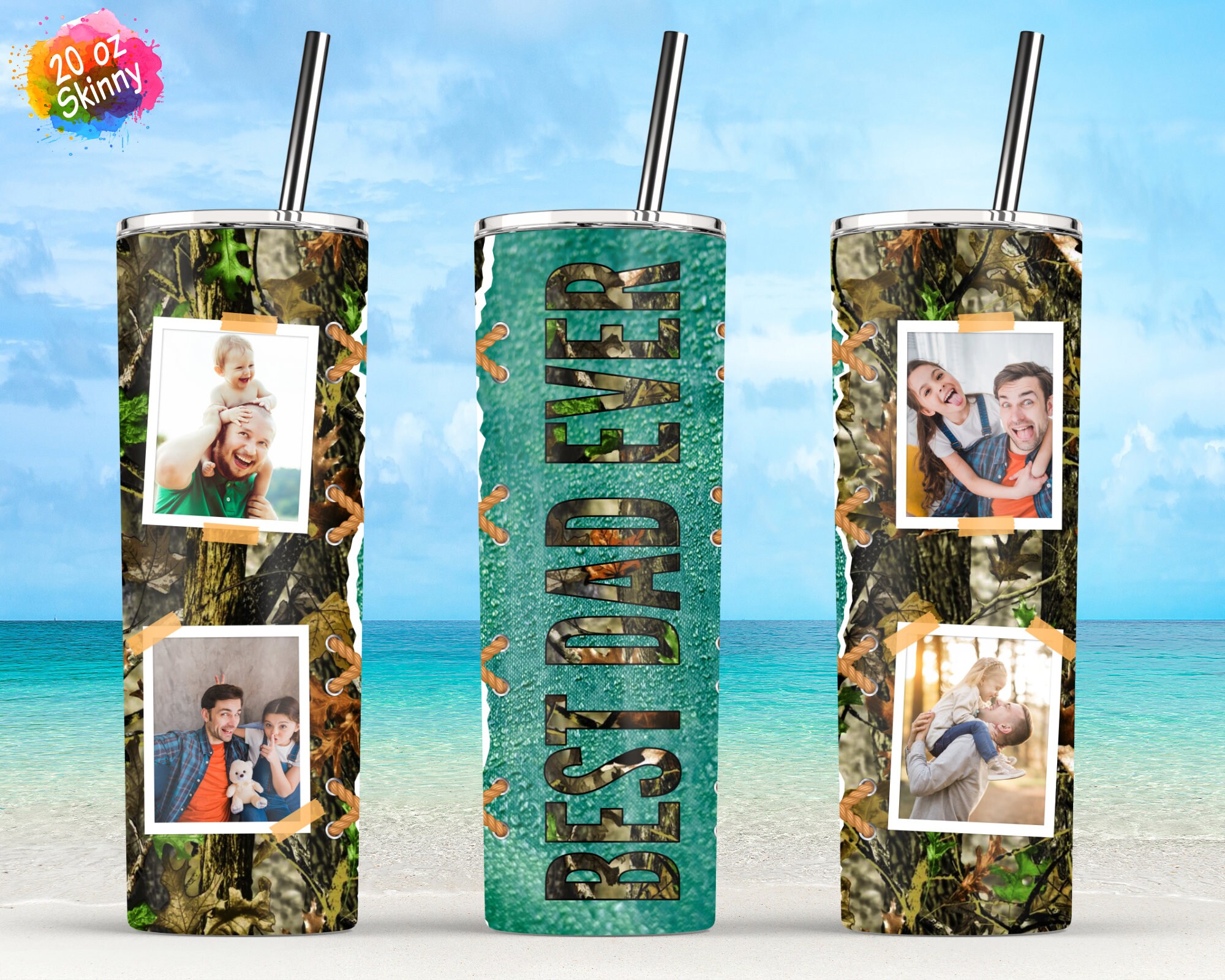 Best Dad Ever Camo Photo Frame Tumbler 20oz Skinny Tumbler Wrap Designs ...