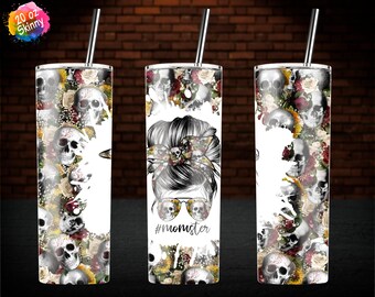 Floral Skull Momster Mom Bun Hair Tumbler, 20oz Skinny Tumbler Sublimation Waterslide Wrap Designs Template PNG - Instant Download