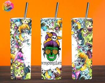 Halloween Momster Skull Messy Bun Hair, 20oz Skinny Tumbler Sublimation Wrap Designs Template PNG Digital Download