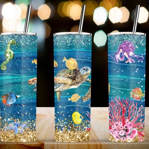 Sea Turtle Tumbler, Ocean Tumbler, Under The Sea Glitter, 20 oz Skinny Tumbler Design Sublimation Template Wrap PNG- Digital Download