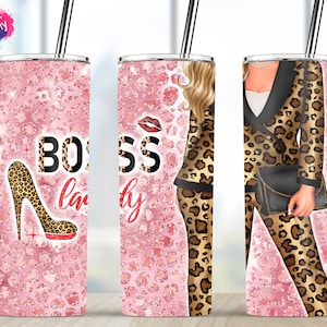 Boss Lady, Boss Girl, Pink Glitzer Leopard Becher, 20oz Skinny Tumbler Wrap Sublimation Designs Vorlage PNG Wasserrutsche Digital Download