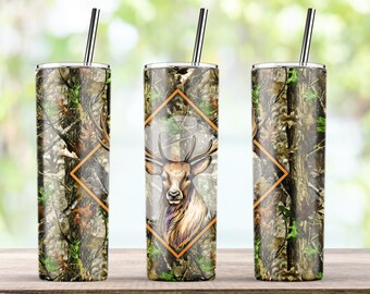 Camp Hirsch Camo und Holz Sublimation Design für 20oz dünne Tumbler PNG Wrap, voller Wrap Tumbler - Instant Download