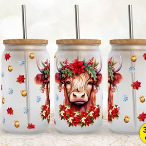 Christmas Highland Cow 16oz Libbey Glass Can Tumbler, Flowers, Animal, Festive Season, PNG Sublimation Designs, Beer Can - Digital Download