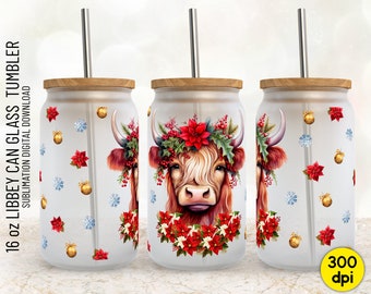 Christmas Highland Cow 16oz Libbey Glass Can Tumbler, Flowers, Animal, Festive Season, PNG Sublimation Designs, Beer Can - Digital Download