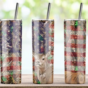 Camp Deer Hunting Woodgrain American Flag Sublimation Design for 20oz Skinny Tumbler PNG Wrap, Full Wrap Tumbler - Instant Download