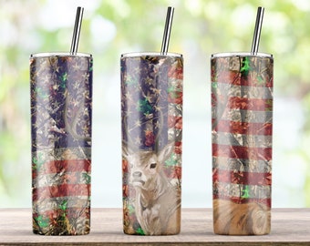 Camp HirschJagd Woodgrain amerikanische Flagge Sublimation Design für 20oz dünne Tumbler PNG Wrap, voller Wrap Tumbler - Instant Download