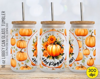 Fall Autumn Pumpkins 16 oz Frosted Libbey Glass Can Tumbler, Hey Pumpkin PNG Sublimation Designs, Beer Can Glass Digital Download