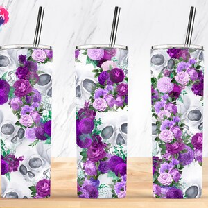 Purple Rose Skull, Halloween Tumbler, 20oz Skinny Tumbler Sublimation Wrap Designs Template PNG Digital Download