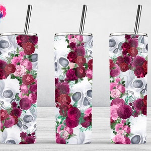 Magenta Rose Skull, Halloween Tumbler, 20oz Skinny Tumbler Sublimation Wrap Designs Template PNG Digital Download