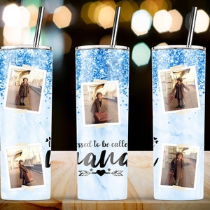 Blessed To Be Called NANA, Blue Marble Glitter Photo Frame, Photo Tumbler, 20 oz Skinny Tumbler Sublimation Template PNG, Digital Download