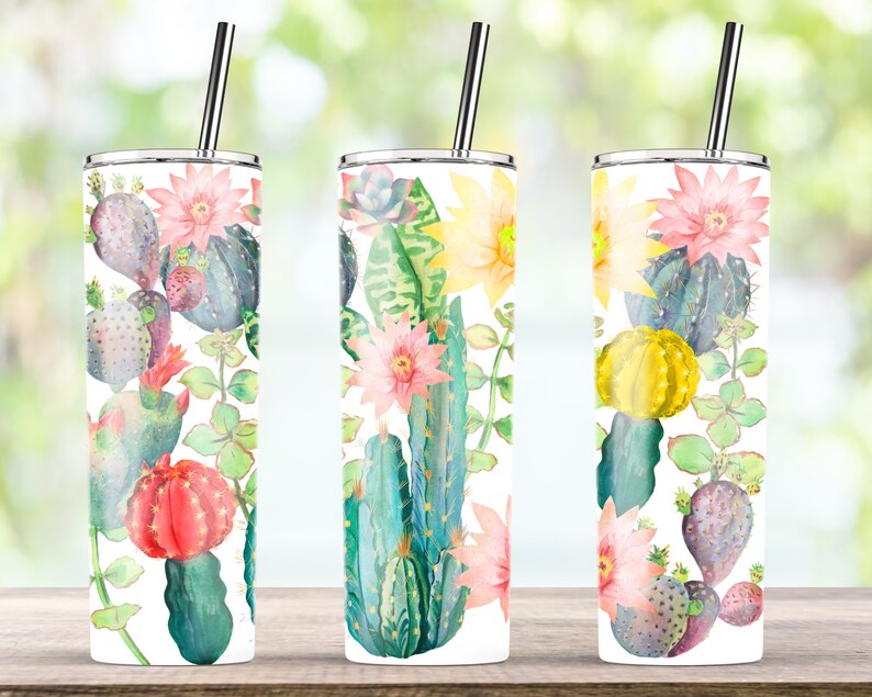 20 Oz Skinny Tumbler Watercolor Cactus Sublimation Waterslide | Etsy