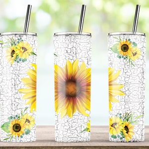 White Crackle Paint Sunflowers, Summer Tumbler, Western Tumbler, 20 oz Skinny Tumbler Sublimation Designs Template PNG - Digital Download