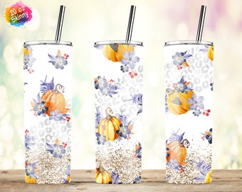 Pumpkin Tumbler, Leopard, Gold Glitter, Fall Tumbler, 20oz Skinny Tumbler Sublimation Waterslide Wrap Designs Template PNG, Digital Download
