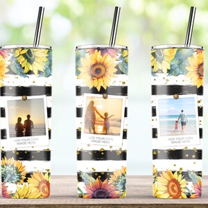 Sunflower Black Stripe Photo Sublimation Wrap Template Designs for 20 oz Skinny Tumbler - PNG Instant Download