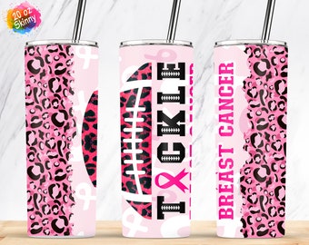 Tackle Breast Cancer, American Football Tumbler, Pink Leopard Tumbler Sublimation Design Download, 20oz Skinny Tumbler Design PNG