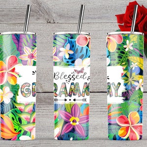 Blessed Grammy, Tropical Floral, Grandma Tumbler, Mothers Day, 20oz Skinny Tumbler Sublimation Wrap Designs Template PNG - Digital Download