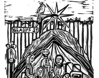 The Skid Row Nativity Lino Print