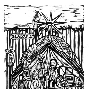 De Skid Row Nativity Lino Print