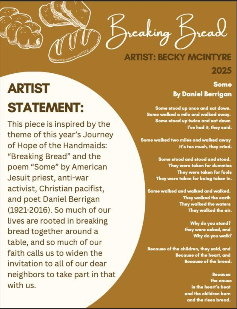 Op de afbeelding: Een kunstposter getiteld "Breaking Bread" van Becky McIntyre, met illustraties van brood en een gedicht van Daniel Berrigan. De poster bevat een kunstenaarsverklaring en het jaar 2025.