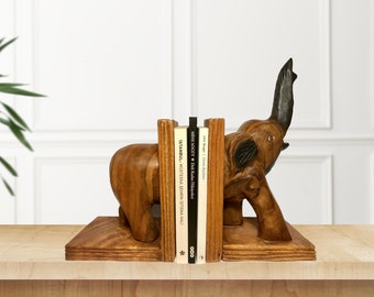 Hand Carved Wooden Elephant Bookends - Rustic heavy duty book ends elephant jungle bohemian traditional antique style door stop ornament