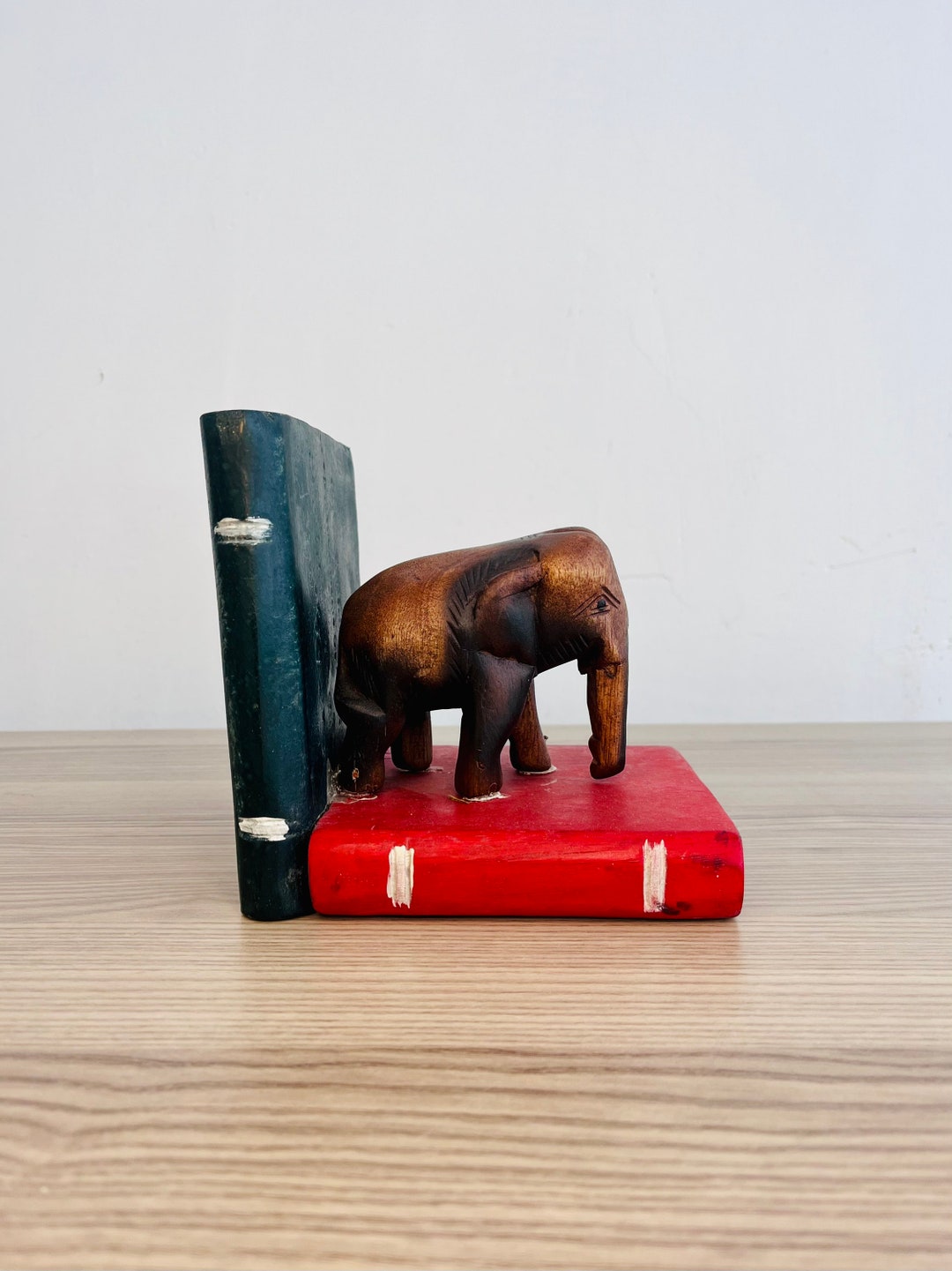 Hand Carved Wooden Elephant Bookends Rustic Heavy Duty Book Etsy