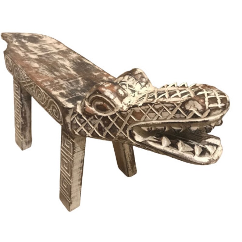 Carved Wooden Crocodile Bench, Alligator Wooden Statue, Floor Table Art, Tribe Stool Chair, Art