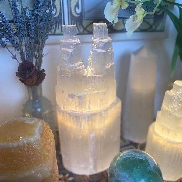 Large Twin Tower Selenite Crystal Lamp/yoga studios/meditation/ Calming energies/ Mystical/ Luxury Decor/ Peaceful aura for home