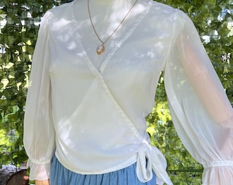 Sheer Ivory Wrap Blouse • Romantic Puff Sleeve Tie Top