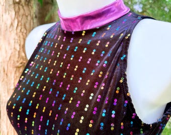 Black Velvet Bodysuit with Holographic Rainbow dots & Pink Skirt