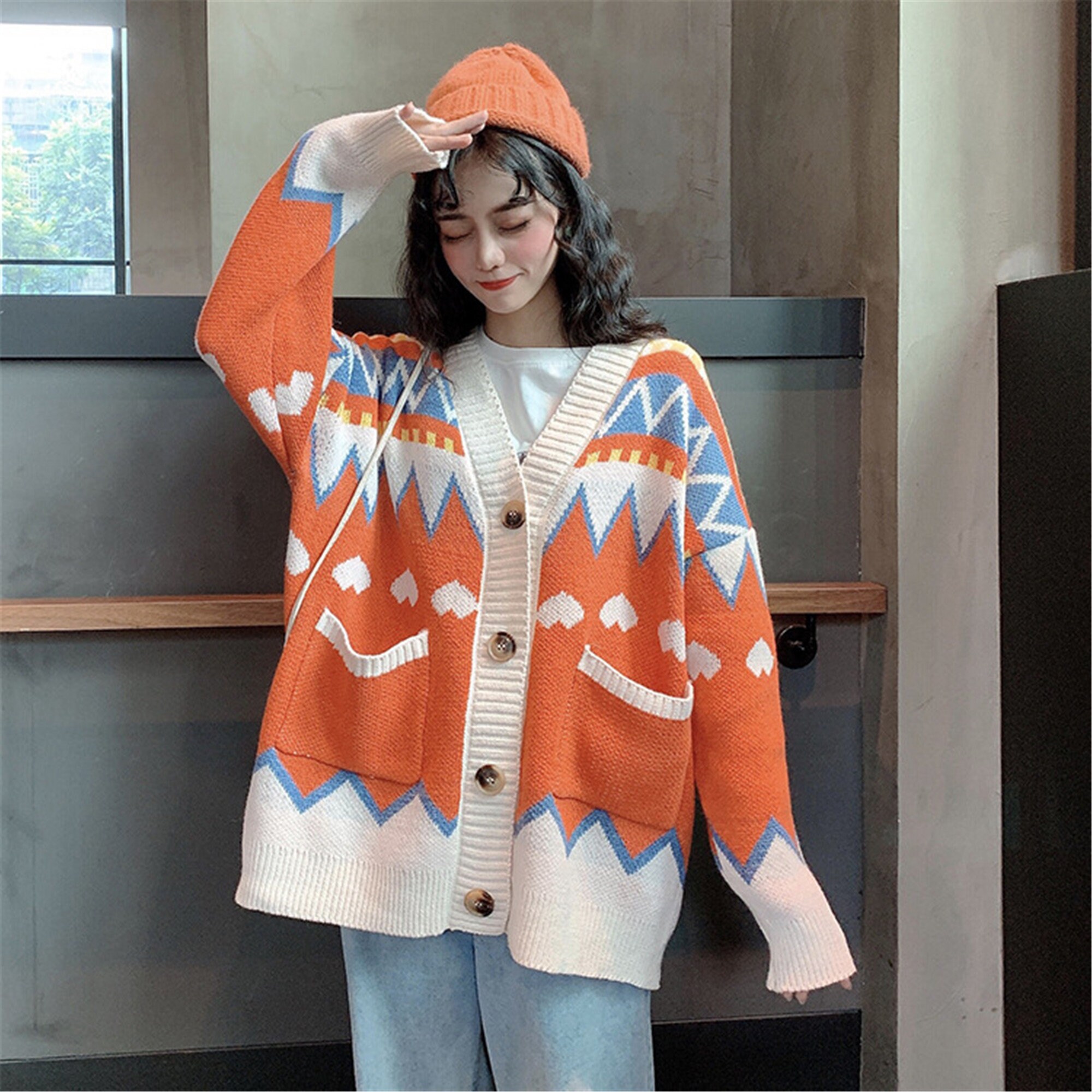 Women Cute Orange V-neck Folk Style Cardigan Harajuku Lovely | Etsy