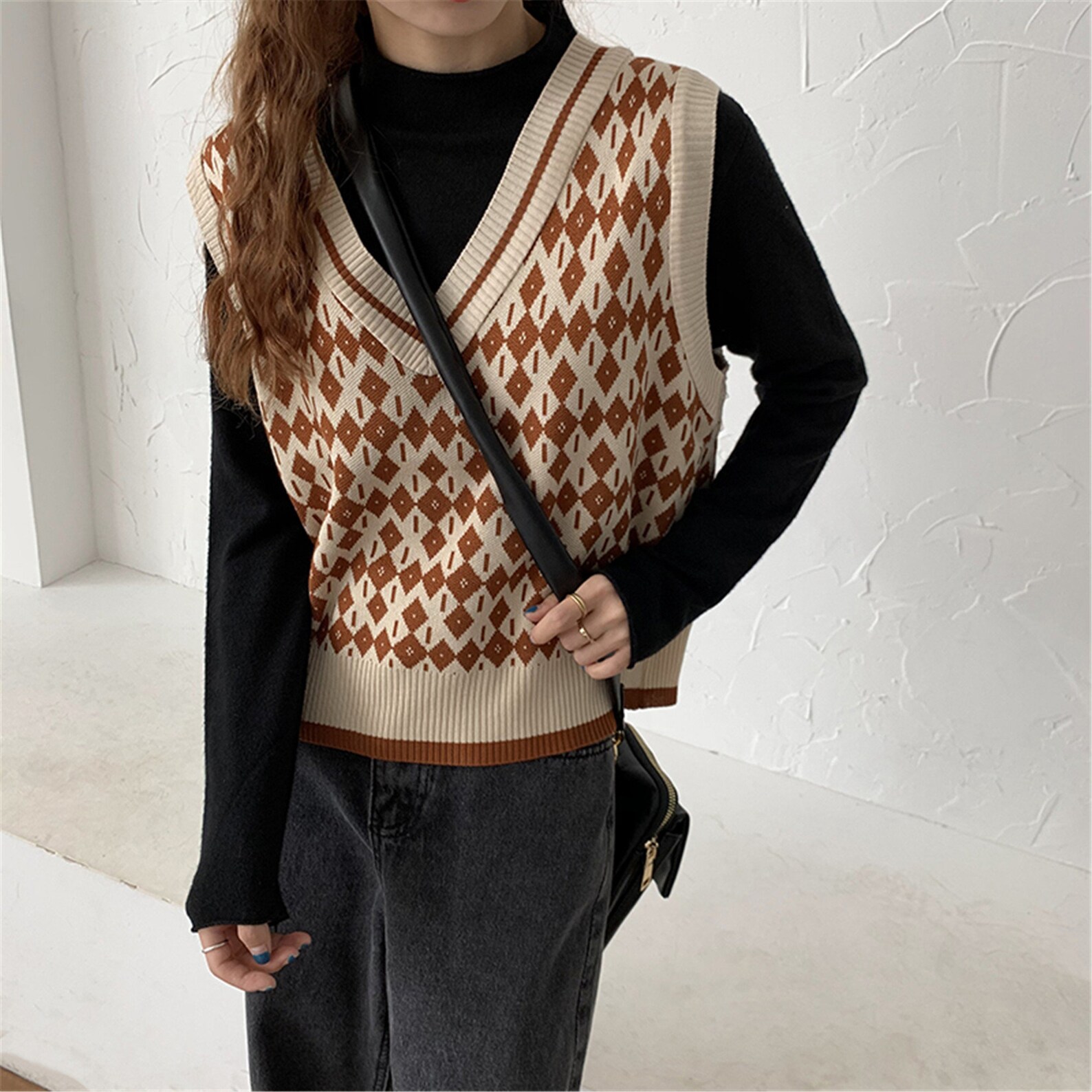 brown v neck sweater vest