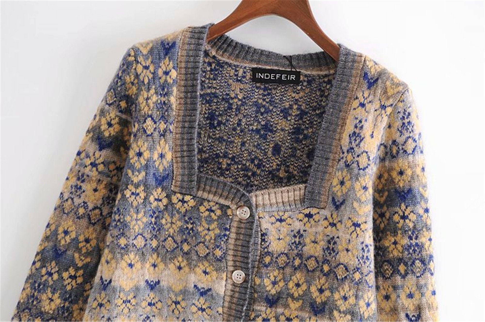 Square Collar Jacquard Knitting Short Sweater Cardigan New | Etsy