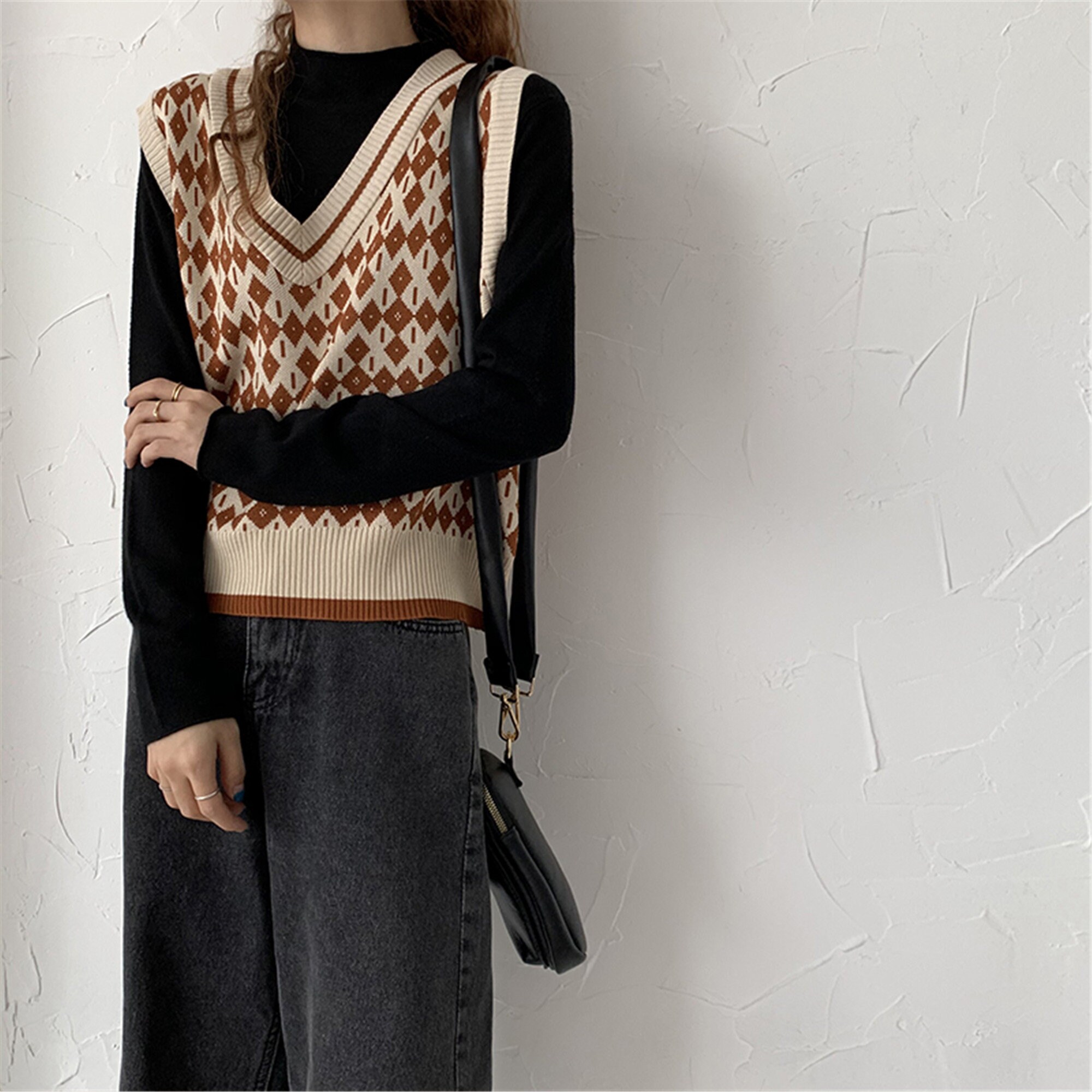 brown v neck sweater vest