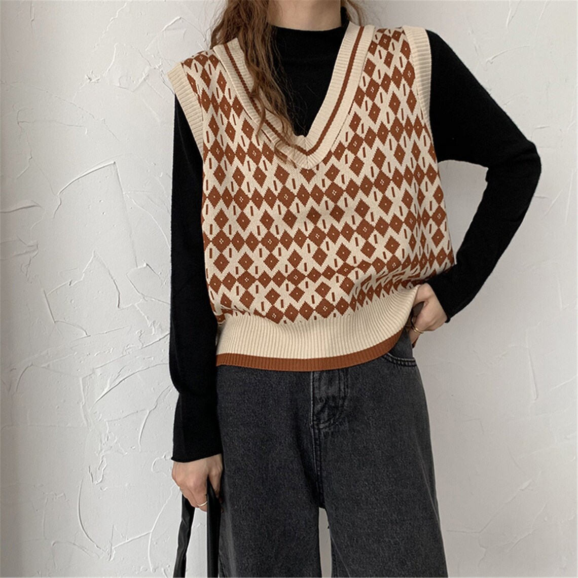 brown v neck sweater vest