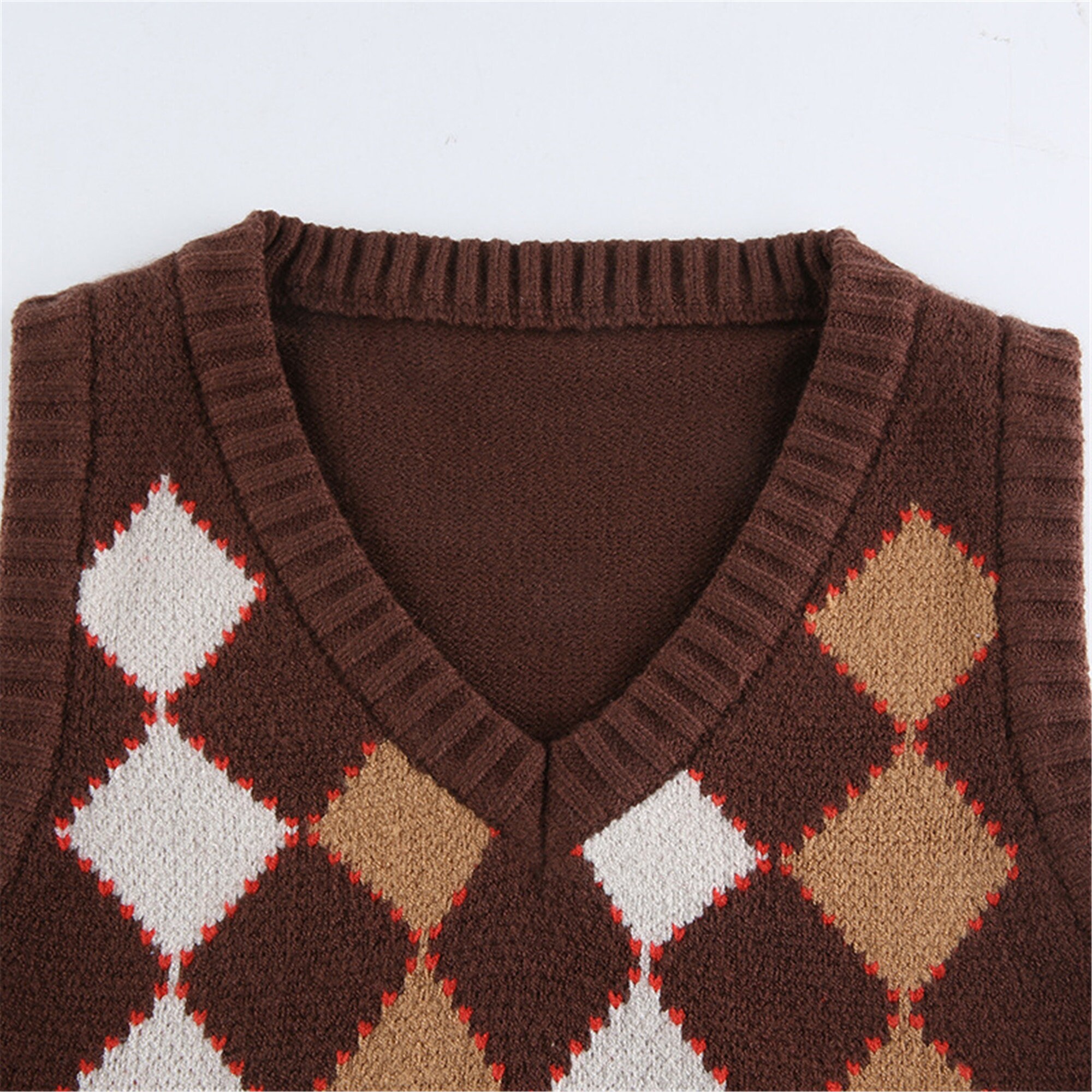 Y2K Brown Argyle Sweater Vest Crew Neck Sleeveless Short Etsy