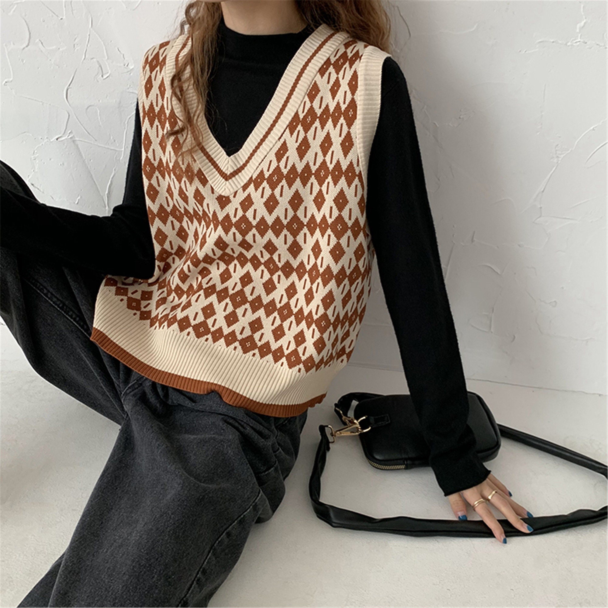 brown v neck sweater vest