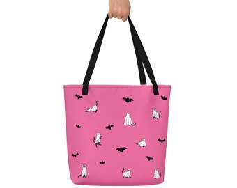 Pink Tote Handbag with Halloween Ghost Cats and Bats – Cute Spooky Purse for Trick-or-Treating