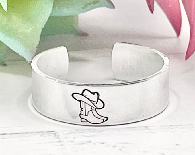 Cowboy boots and hat Southwest Desert Western Cowgirl Country Rodeo Hand stamped personalized adjustable ring, Add a name, initials, or date