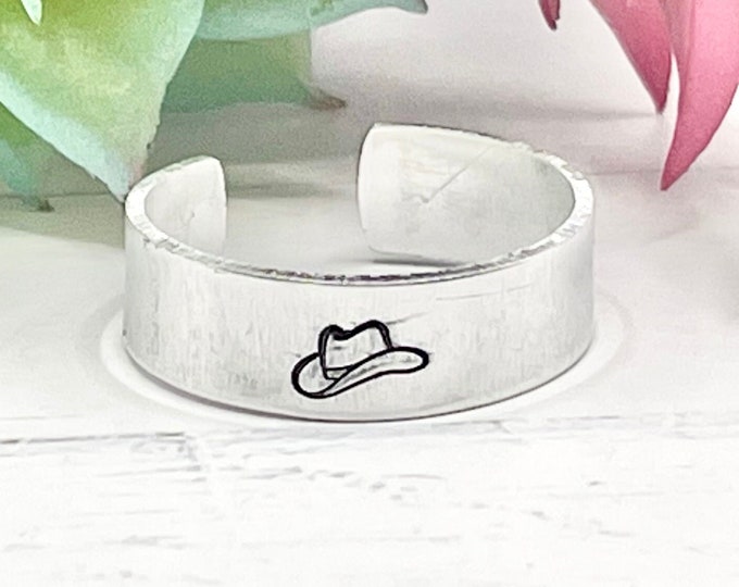 Cowboy Hat Southwest Desert Western Cowgirl Country Rodeo Hand stamped personalized adjustable ring, Add a name, initials, or date