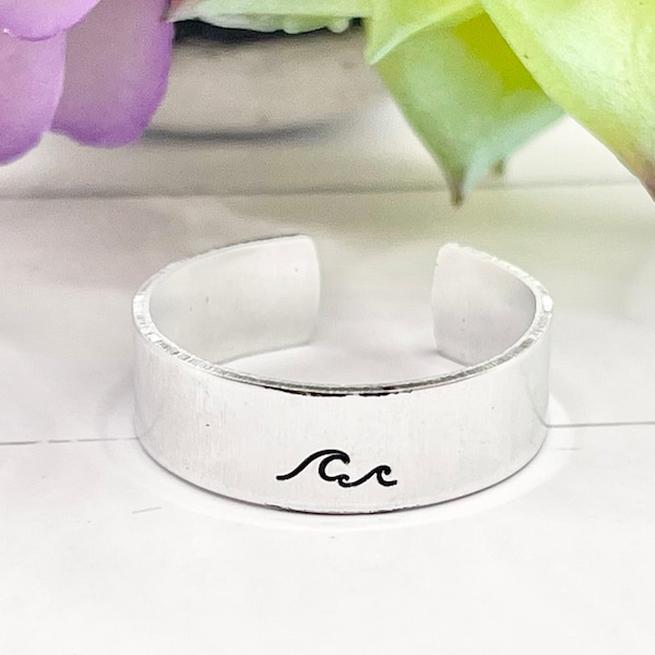 Wave Ring hand stamped. Custom Gifts for Him Her. Surf Ring, Ocean Tide Ring, Beach Ring, Sea Wave Ring, Adjustable Ring, Your Design rings