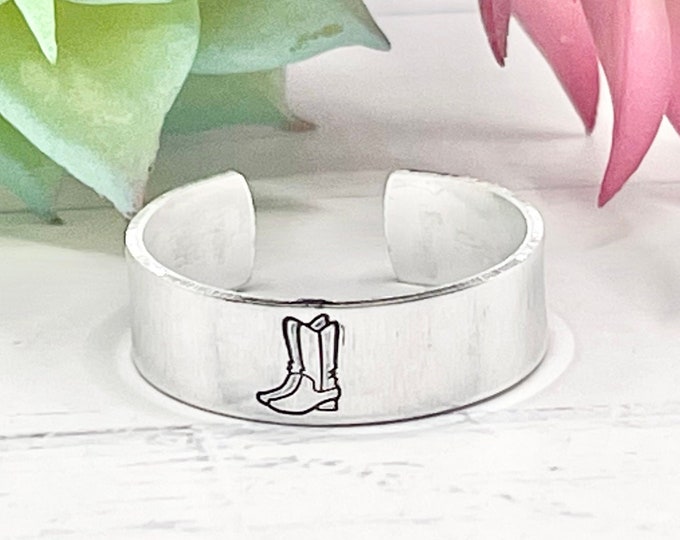 Cowboy boot Southwest Desert Western Cowgirl Country Rodeo Hand stamped personalized adjustable ring, Add a name, initials, or date