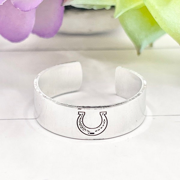 Horseshoe Ring hand stamped. Custom Gifts for Him Her. Lucky horseshoe Ring, Equine Ring, Cowgirl Ring,  Adjustable Ring, Your Design rings